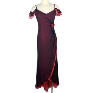 Dolce Jovani Silk Maxi Slip Dress Layered Black/Red Size 10 Vintage Whimsical